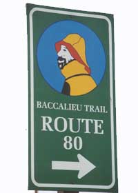 Baccalieu Trail marker, with bearded fisherman in yellow raincoat