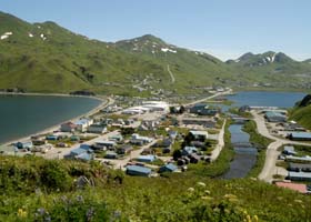 Unalaska town center, from Haystack Hill; two crossings of Iliuliuk River at 5th Street, and pedestrian bridge at 3rd Street