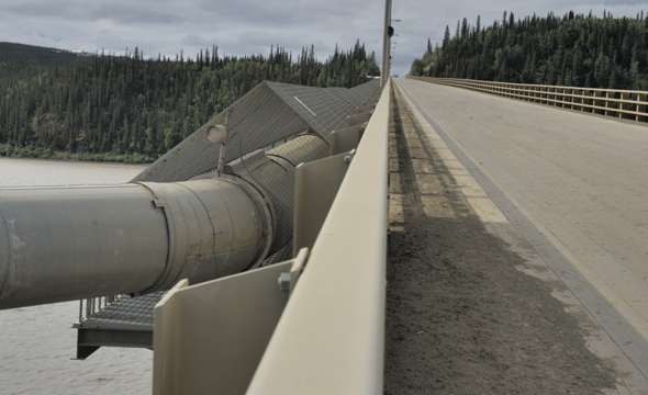 Bridge over the Yukon River, from north end, showing pipeline mounted on east side of bridge